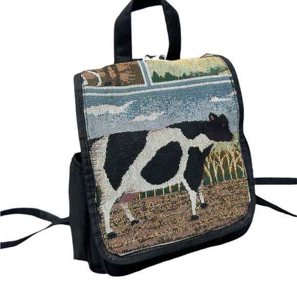 Vintage Handbags - Vintage Cow farm theme tapestry drawstring black backpack zipper shoulder bag
